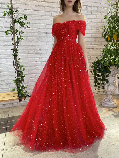 Simple tulle off shoulder long prom dress