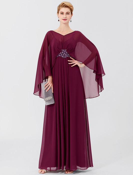 Sheath / Column Mother of the Bride Dress Formal Classic & Timeless Elegant & Luxurious Elegant V Neck Floor Length Chiffon Long Sleeve with Pleats Beading