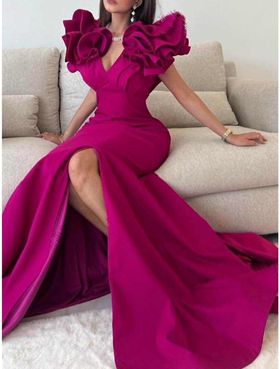 A-Line Evening Gown Elegant Dress Formal Floor Length Short Sleeve V Neck Polyester with Pleats Ruffles Slit