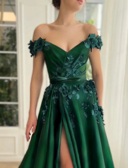 Ball Gown Prom Dresses Luxurious Dress Christmas Red Green Dress Wedding Party Floor Length Short Sleeve Off Shoulder Satin with Slit Appliques