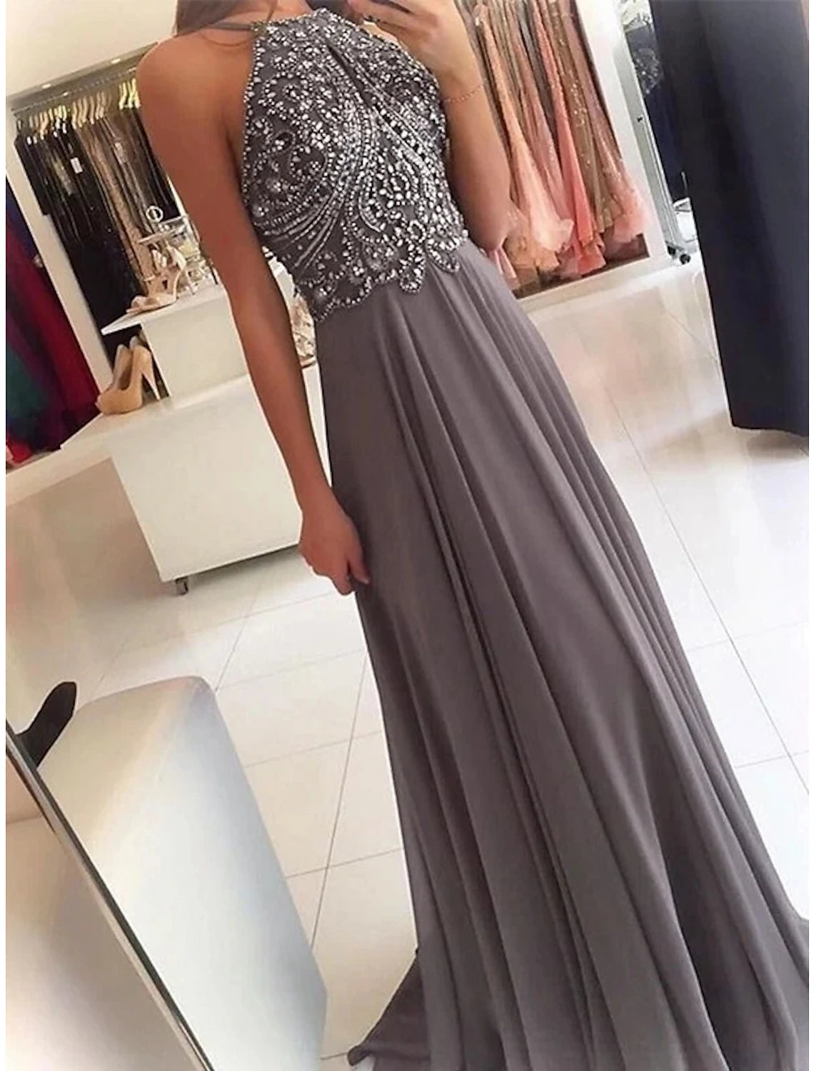 A-Line/Princess Halter Sleeveless Sweep/Brush Train Beading Chiffon Dresses