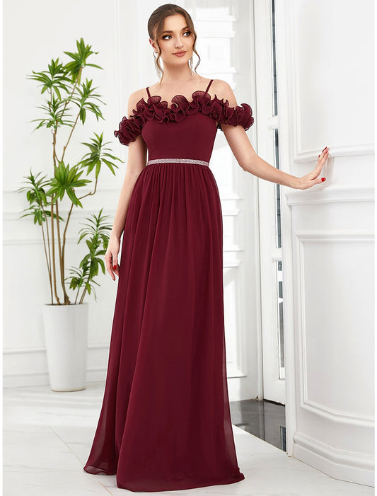 A-Line Prom Dresses Vintage Dress Wedding Guest Floor Length Sleeveless Off Shoulder Chiffon with Appliques Shouder Flower