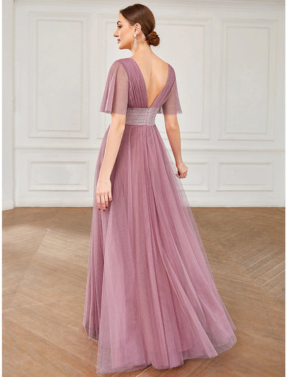 A-Line Bridesmaid Dress V Neck Short Sleeve Plus Size Floor Length Tulle with Ruffles / Draping