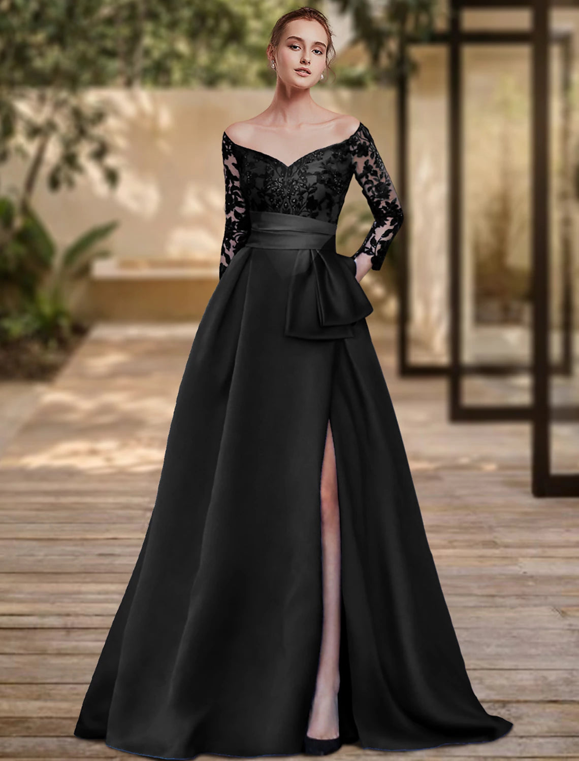 Sheath / Column Evening Gown High Split Dress Formal Wedding Guest Sweep / Brush Train 3/4 Length Sleeve Off Shoulder Charmeuse with Bow(s) Sequin Slit