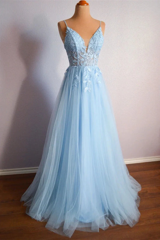 A-line V Neck Lace-Up Appliques Tulle Long Prom Dress Evening Dress