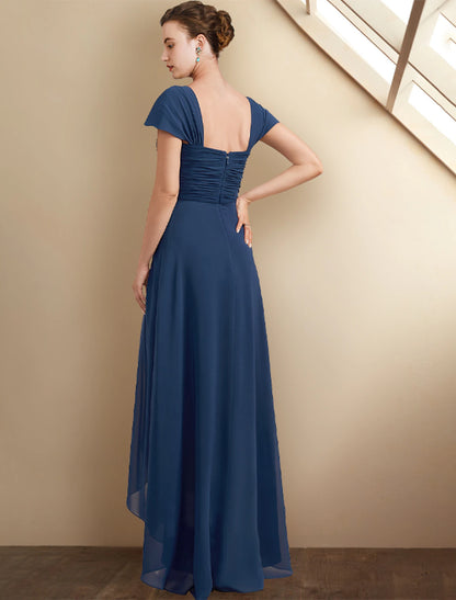 A-Line Mother of the Bride Dress Elegant High Low Square Neck Asymmetrical Tea Length Chiffon Lace Cap Sleeve Wrap Included with Sequin Appliques Side-Draped