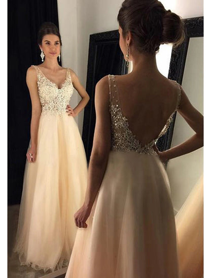 A-Line Prom Dresses Sparkle & Shine Dress Formal Floor Length Sleeveless V Neck Tulle V Back with Beading Appliques