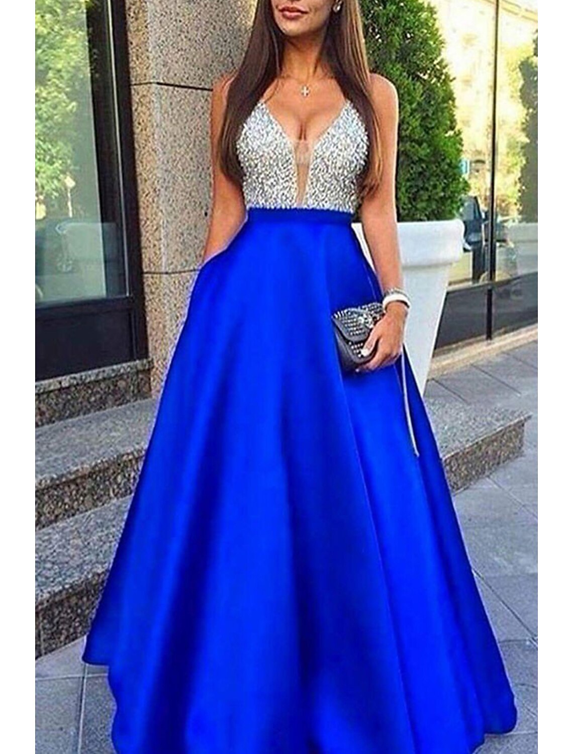 A-Line Prom Dresses Sparkle & Shine Dress Formal Prom Floor Length Sleeveless V Neck Pocket Stretch Satin Backless V Back with Beading Pocket