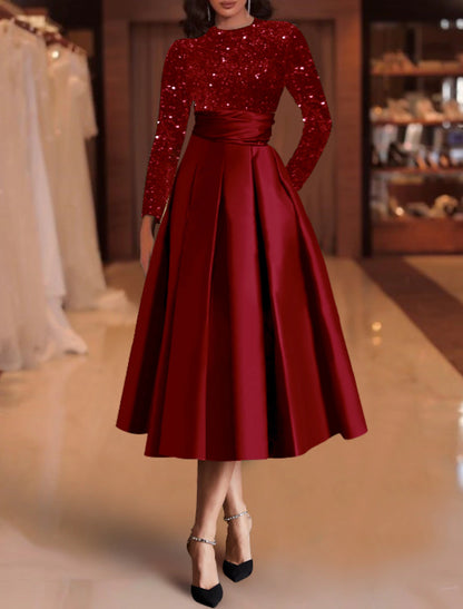 A-Line Cocktail Dresses Elegant Dress Christmas Red Green Dress Wedding Guest Tea Length Long Sleeve Jewel Neck Satin with Pleats Sequin