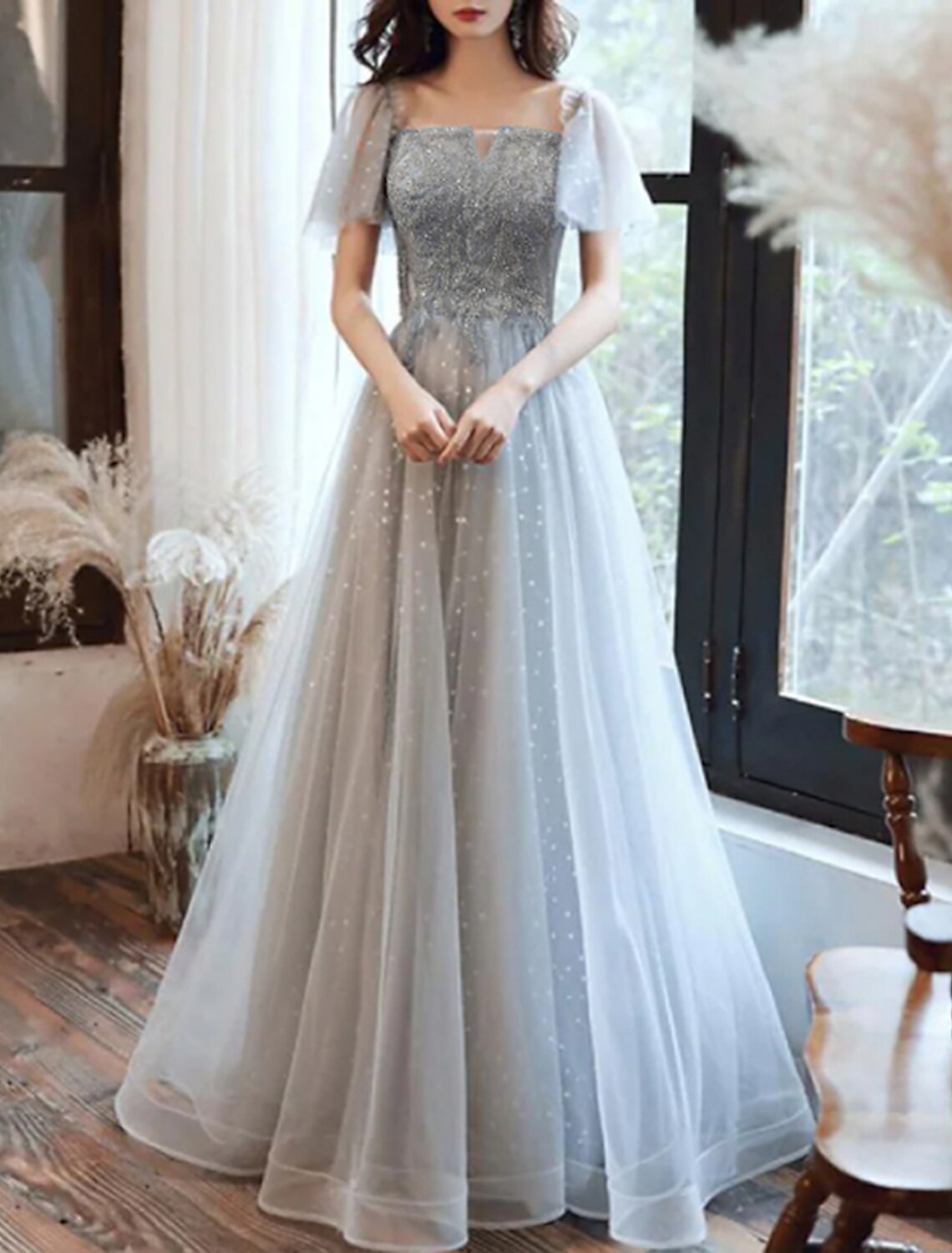 A-Line Party Dress Glittering Elegant Wedding Guest Formal Evening Dress Scoop Neck Short Sleeve Floor Length Tulle with Pleats Sequin