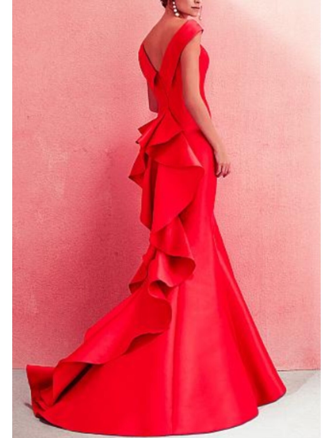 Mermaid Beautiful Back Red Green Dress Formal Evening Dress Off Shoulder Short Sleeve Floor Length Satin with Ruffles Draping