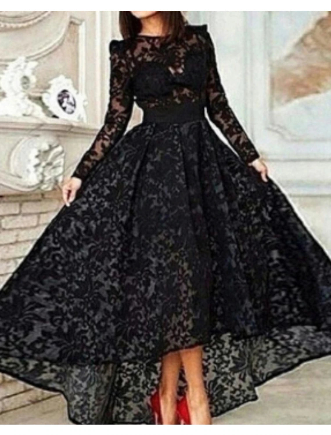 A-Line Prom Black Dress Vintage Dress Halloween Masquerade Asymmetrical Long Sleeve Jewel Neck Wednesday Addams Family Lace with Pleats