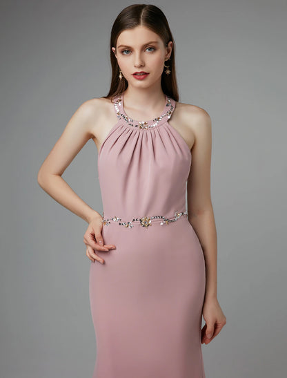 Sheath / Column Beautiful Back Dress Wedding Guest Floor Length Sleeveless Halter Spandex Crisscross Back with Beading