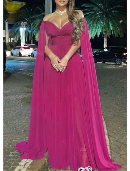 A-Line Evening Gown Elegant Dress Formal Sweep / Brush Train Sleeveless Off Shoulder Capes Chiffon with Pleats