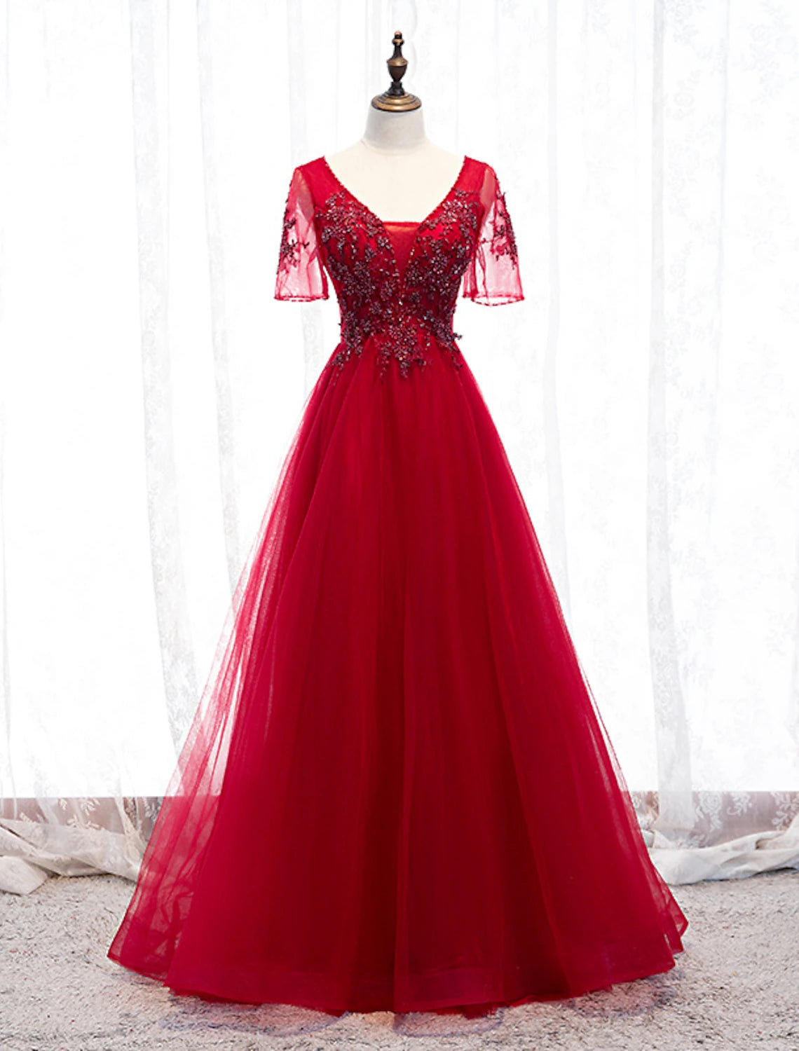 A-Line Prom Dresses Luxurious Dress Wedding Guest Floor Length Short Sleeve Spaghetti Strap Tulle with Beading Appliques