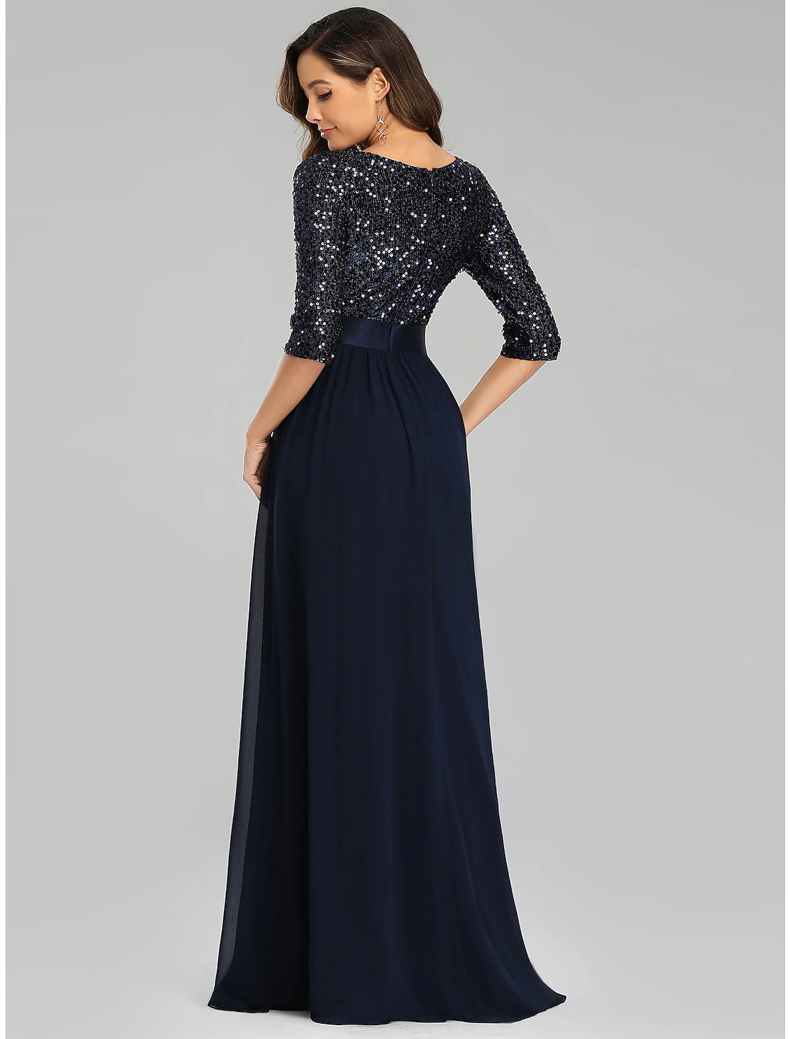 A-Line Elegant Wedding Guest Formal Evening Dress Jewel Neck 3/4 Length Sleeve Floor Length Tulle with Sequin