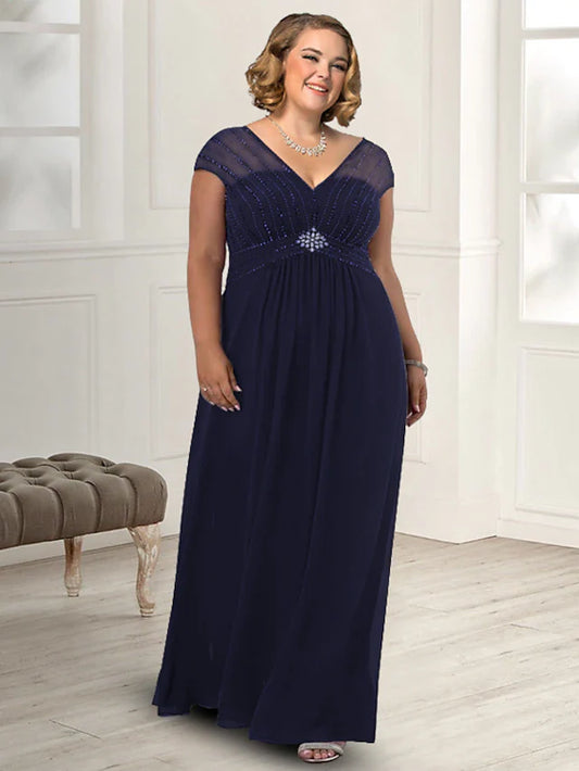 Sheath / Column Mother of the Bride Dress Plus Size Elegant V Neck Floor Length Chiffon Sleeveless with Beading Crystal Brooch