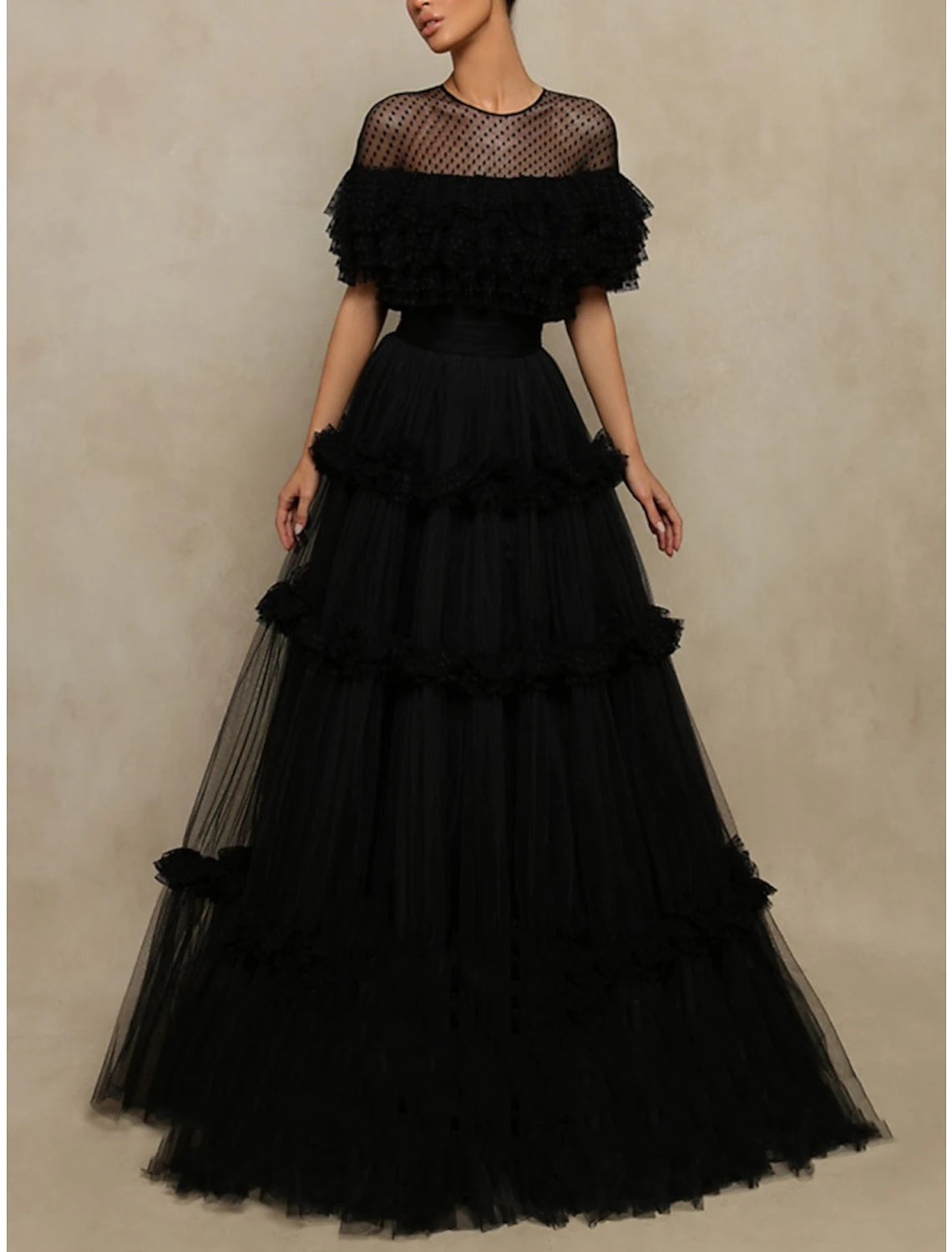 A-Line Prom Dresses Elegant Dress Formal Floor Length Black Dress Short Sleeve Jewel Neck Tulle with Pleats Ruffles