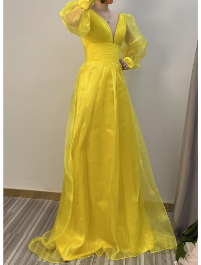 A-Line Evening Gown Elegant Dress Engagement Formal Evening Floor Length Long Sleeve V Neck Chiffon with Pleats Ruched