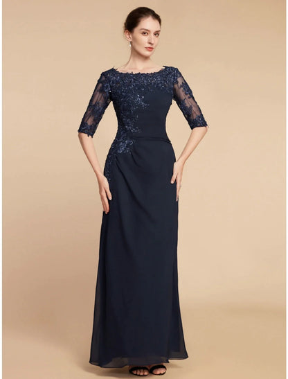 Sheath / Column Mother of the Bride Dress Wedding Guest Elegant Scoop Neck Ankle Length Chiffon Lace Half Sleeve with Sequin Ruching Solid Color