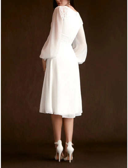 Little White Dresses Wedding Dresses A-Line V Neck Long Sleeve Knee Length Chiffon Bridal Gowns With Pleats Ruched