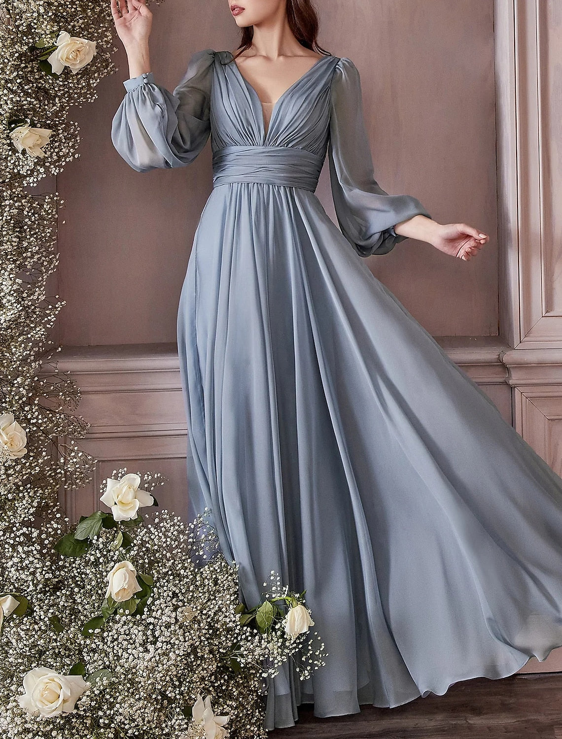 Sheath / Column Wedding Guest Dresses Elegant Dress Party Dress Floor Length Long Sleeve V Neck Fall Wedding Guest Chiffon with Pleats Slit