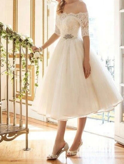 Bridal Shower Simple Wedding Dresses Boho Wedding Dresses A-Line Sweetheart Regular Straps Asymmetrical Lace Bridal Gowns With Lace Appliques