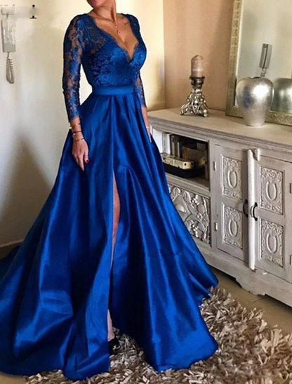 A-Line Evening Gown Elegant Dress Party Wear Formal Evening Floor Length Long Sleeve V Neck Tulle with Pleats Appliques