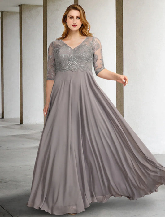 A-Line Mother of the Bride Dresses Plus Size Hide Belly Curve Elegant Dress Formal Floor Length Half Sleeve V Neck Chiffon with Pleats Sequin Appliques