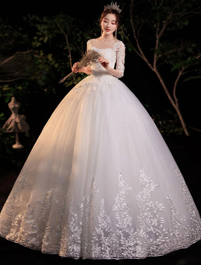 Reception Formal Wedding Dresses Ball Gown Illusion Neck Half Sleeve Floor Length Lace Bridal Gowns With Appliques