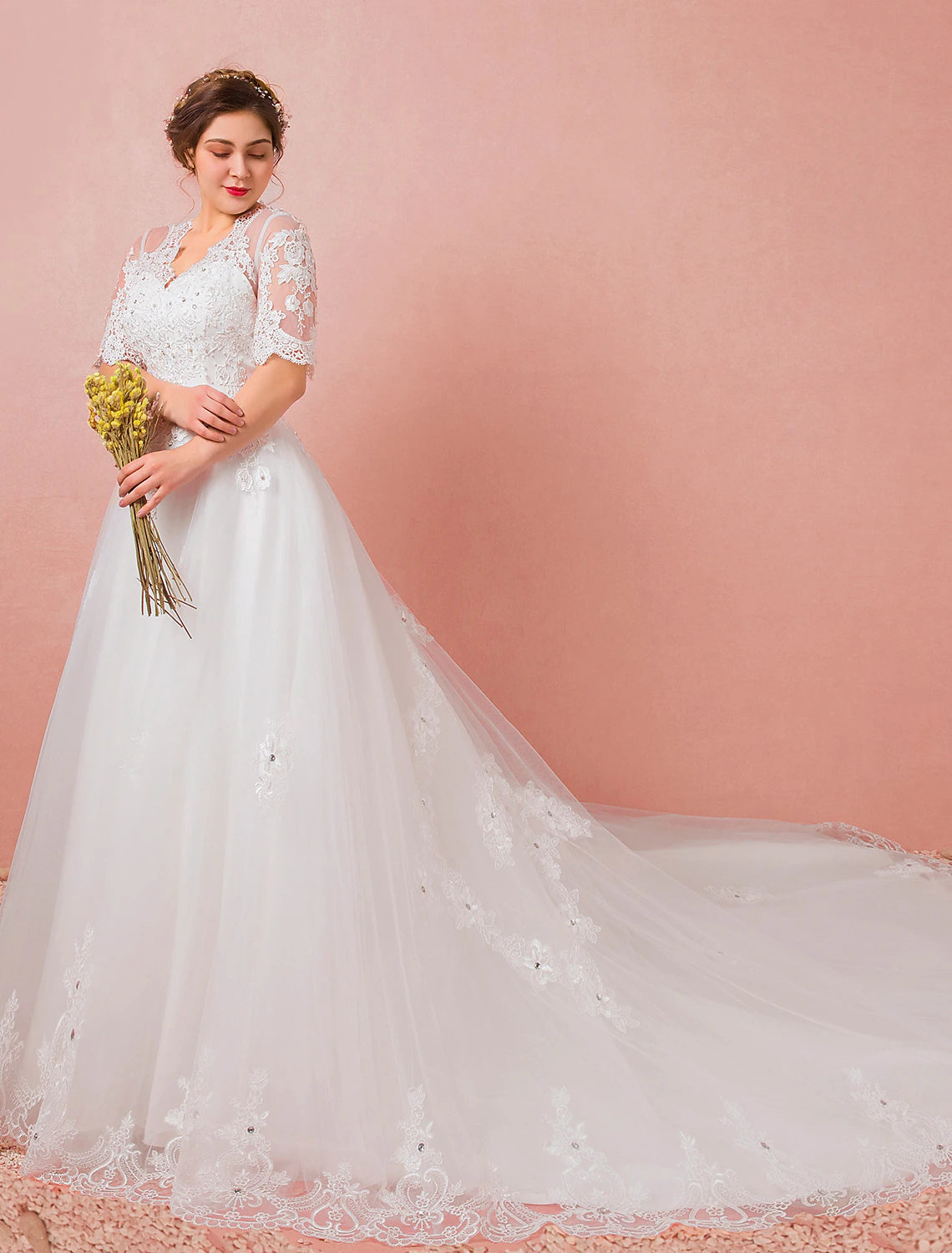 Hall Wedding Dresses A-Line V Neck Half Sleeve Cathedral Train Satin Bridal Gowns With Lace Crystals