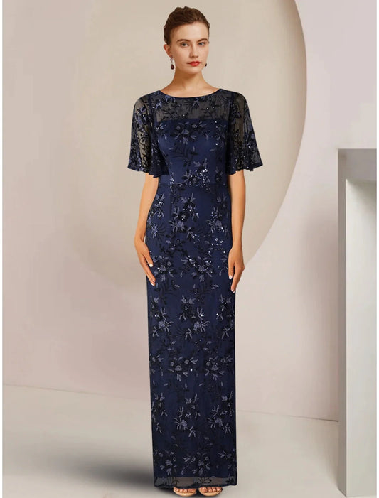 Sheath / Column Mother of the Bride Dress Wedding Guest Sparkle & Shine Elegant Scoop Neck Ankle Length Sequined Short Sleeve with Sequin Solid Color