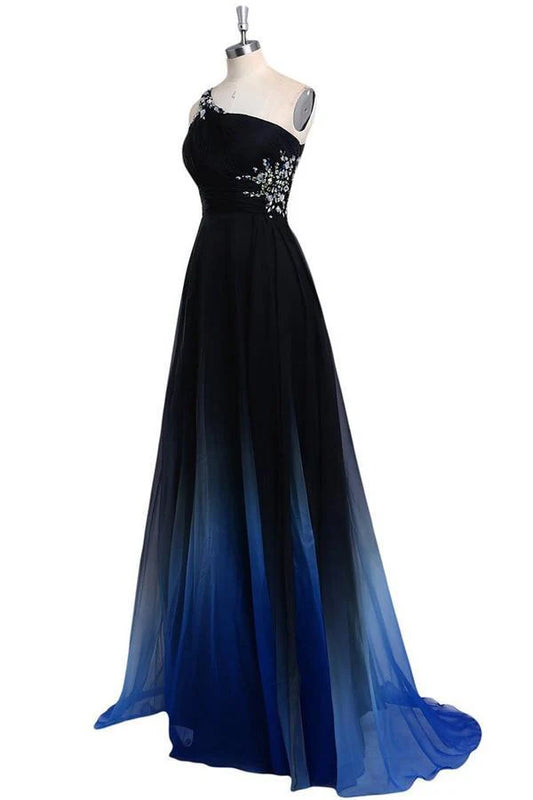 One Shoulder Chiffon Beads Prom Dress