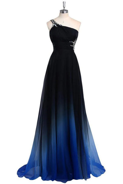 One Shoulder Chiffon Beads Prom Dress