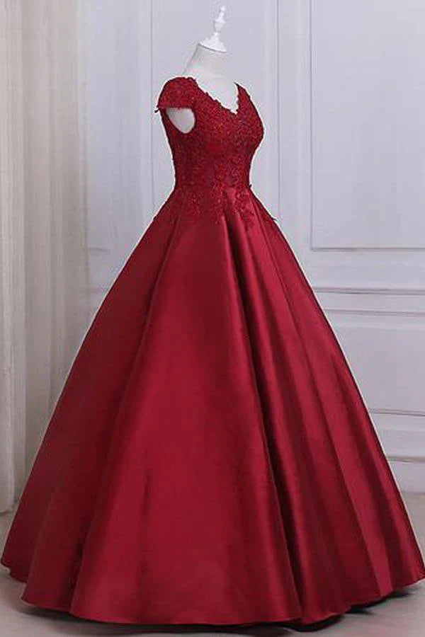 A line Ball Gown Cap Sleeves Lace Long Evening Prom Dresses