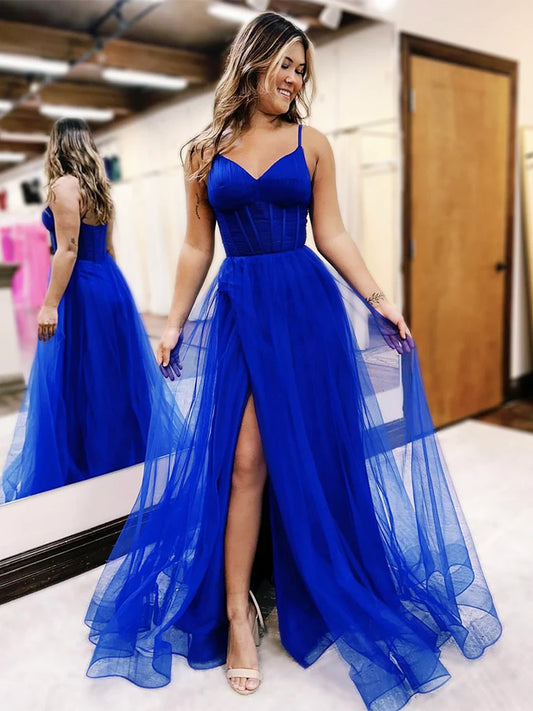 A-Line V Neck Tulle Long Prom Dress