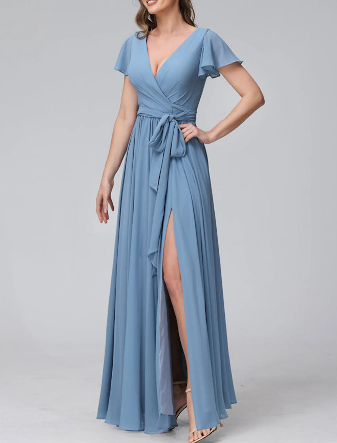 A-Line Bridesmaid Dress V Neck Short Sleeve Blue Floor Length Chiffon with Split Front / Ruching