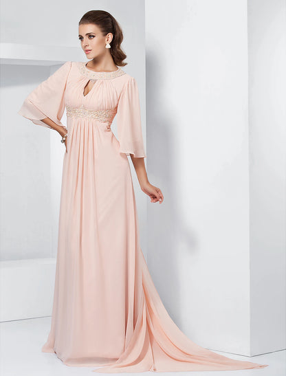 A-Line Special Occasion Dresses Elegant Dress Wedding Guest Formal Evening Sweep / Brush Train Half Sleeve Jewel Neck Chiffon with Beading Draping