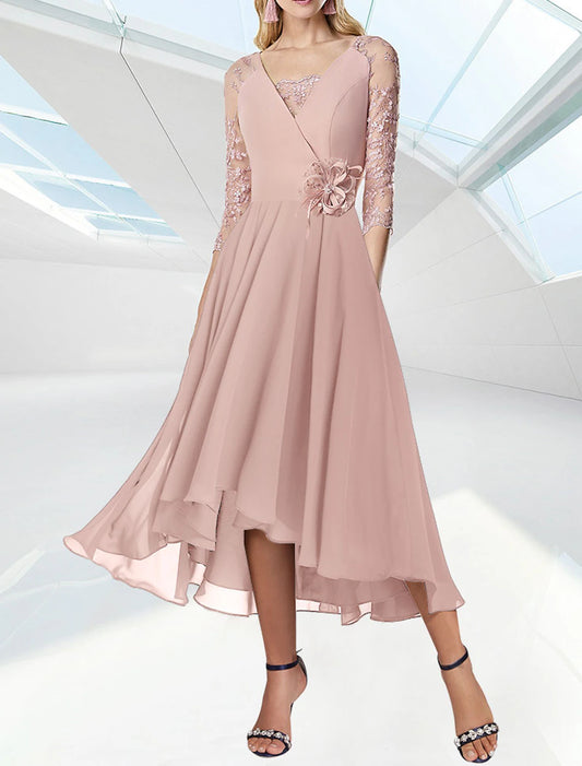 A-Line Cocktail Dresses Elegant Dress Wedding Guest Kentucky Derby Tea Length 3/4 Length Sleeve V Neck Chiffon with Appliques Shouder Flower