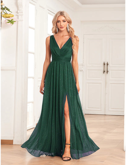 A-Line Evening Gown Empire Dress Party Wear Floor Length Sleeveless V Neck Spandex V Back with Glitter Slit