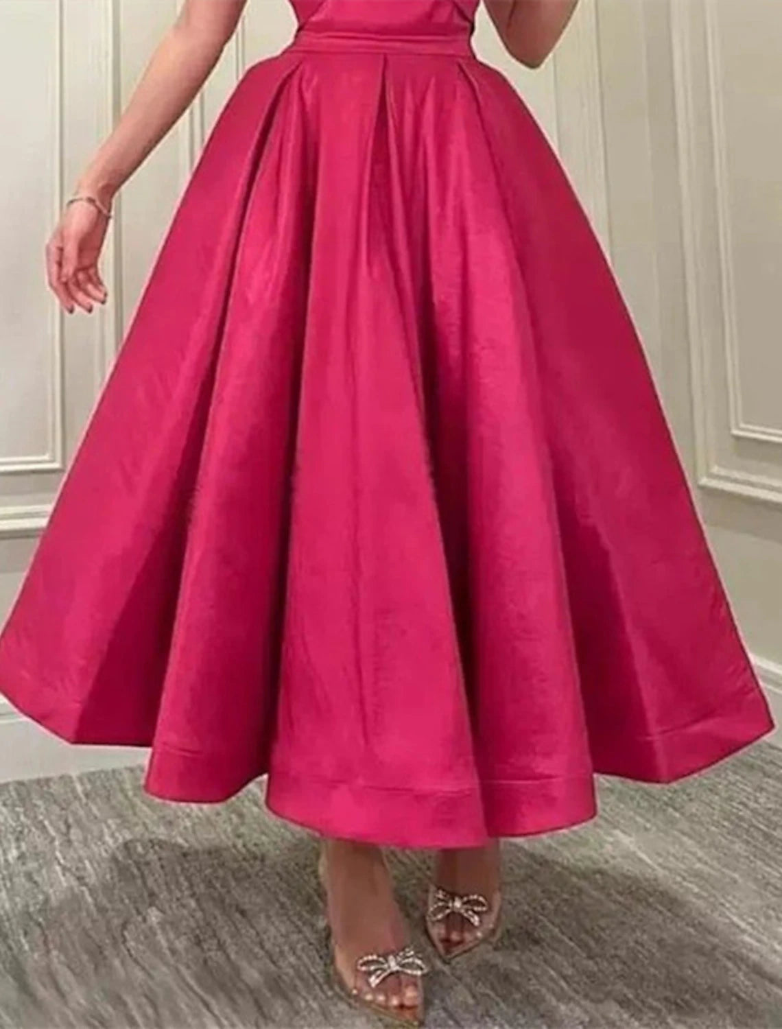 A-Line Cocktail Dresses Elegant Dress Wedding Guest Summer Ankle Length Sleeveless Off Shoulder Satin with Pleats