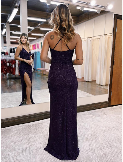 Mermaid / Trumpet Prom Dresses Glittering Dress Formal Floor Length Sleeveless V Neck Satin Backless with Glitter