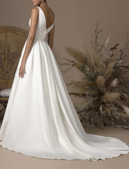 Hall Simple Wedding Dresses A-Line V Neck Sleeveless Sweep / Brush Train Satin Bridal Gowns With Pleats