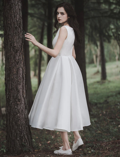 Reception Little White Dresses Wedding Dresses A-Line Scoop Neck Sleeveless Tea Length Satin Bridal Gowns With