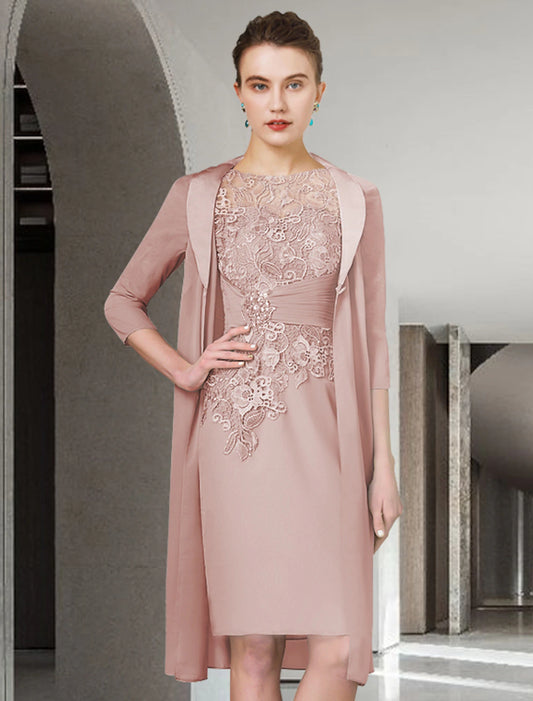 Two Piece Sheath / Column Mother of the Bride Dress Church Plus Size Elegant Jewel Neck Knee Length Chiffon Lace Half Sleeve Wrap Included Jacket Dresses with Ruched Appliques