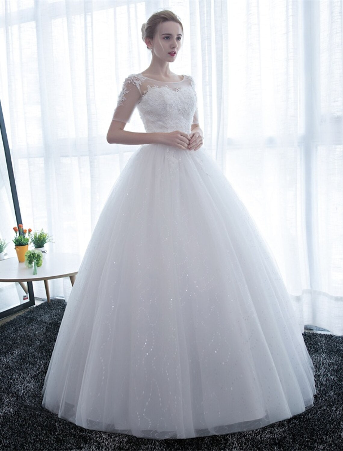 Reception Formal Wedding Dresses Ball Gown Illusion Neck Half Sleeve Floor Length Satin Bridal Gowns With Lace