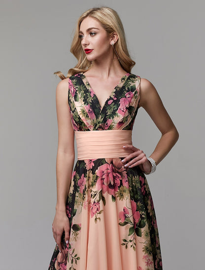 A-Line Floral Dress Holiday Floor Length Sleeveless V Neck Bridesmaid Dress Chiffon with Pattern / Print