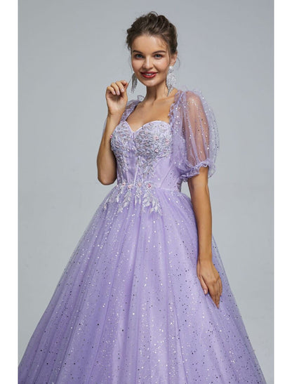 Ball Gown Prom Dresses Princess Dress Graduation Floor Length Short Sleeve Sweetheart Tulle with Sequin Appliques