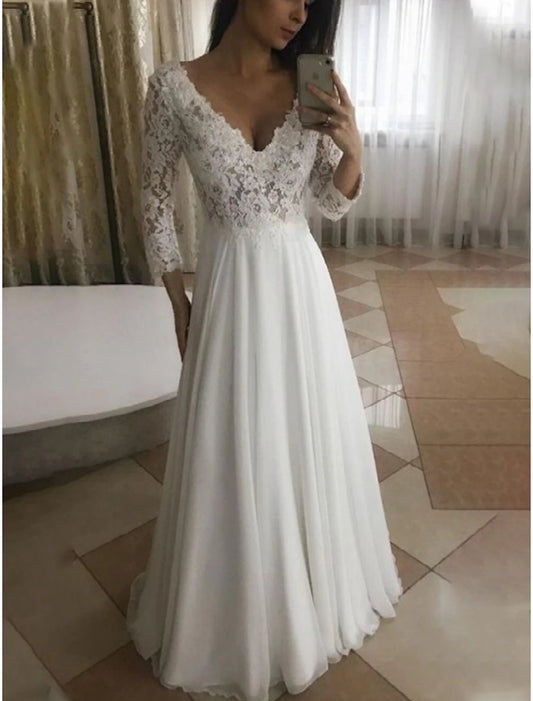 Beach Wedding Dresses A-Line V Neck 3/4 Length Sleeve Floor Length Chiffon Bridal Gowns With Pleats Appliques