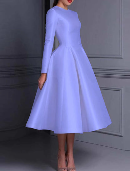 Ball Gown Cocktail Dresses Cute Dress Wedding Tea Length Long Sleeve Jewel Neck Fall Wedding Guest Satin with Pleats Pure Color